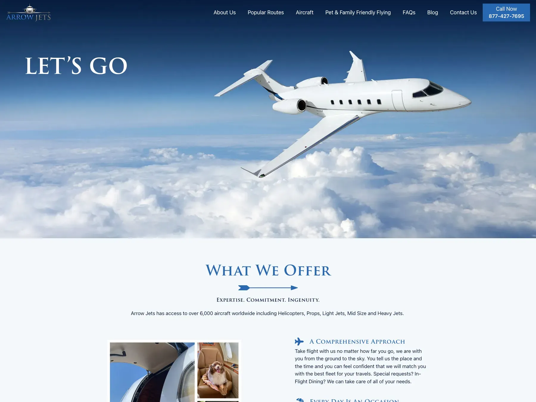 Arrow Jets private jet charter homepage