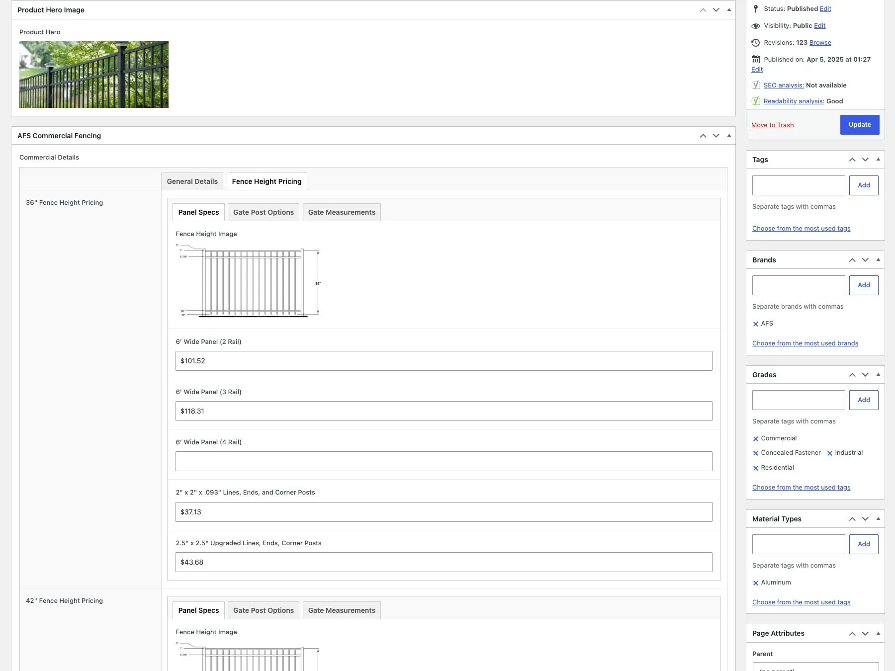 Fence Depot WordPress admin screen showing the ACF fields that drive every product page