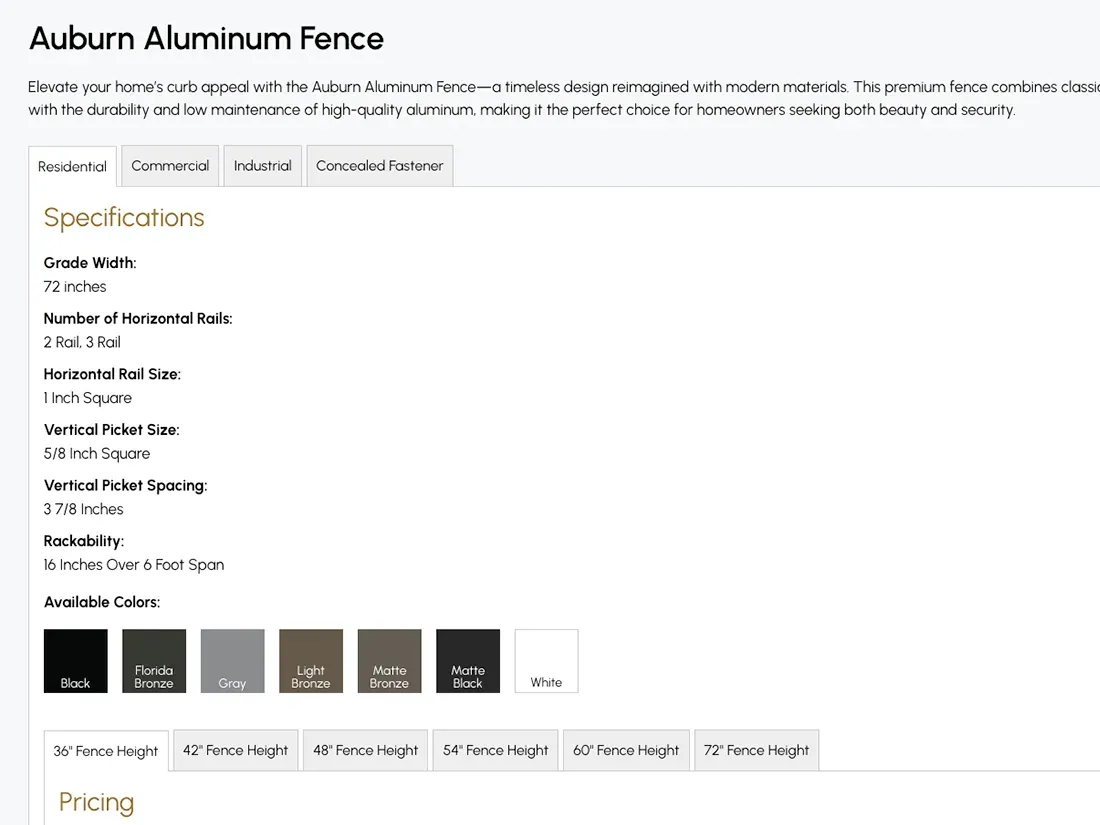Fence Depot product page showing the consolidated tabbed interface with Residential, Commercial, Industrial, and Concealed Fastener views
