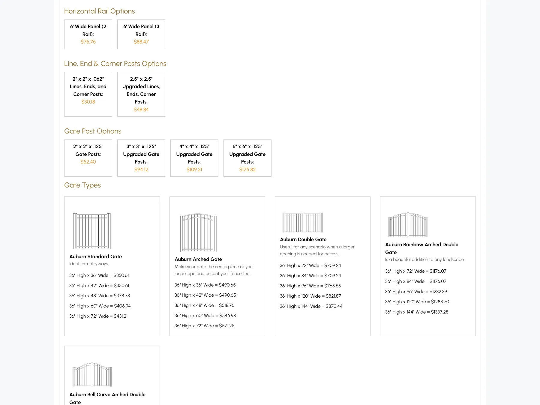 Fence Depot pricing matrix showing structured pricing across fence heights and configurations