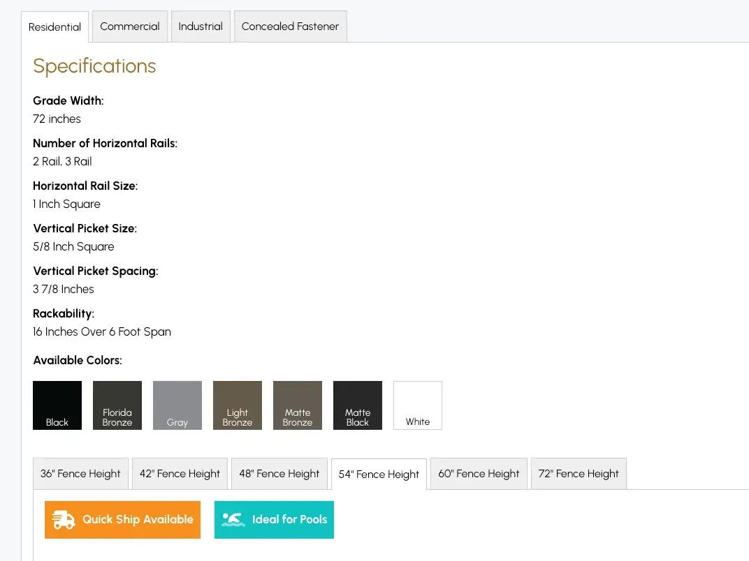 Fence Depot product page showing the consolidated tabbed interface with Residential, Commercial, Industrial, and Concealed Fastener views
