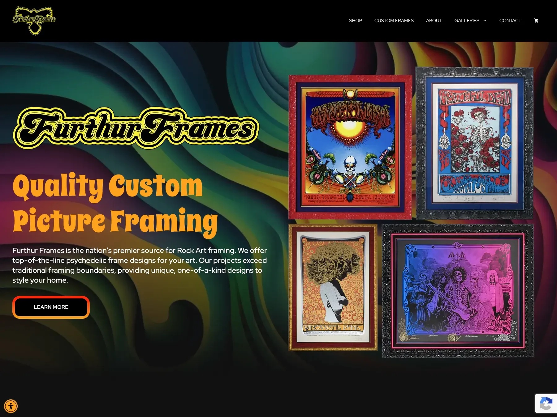 Furthur Frames homepage featuring their framed art and poster catalog