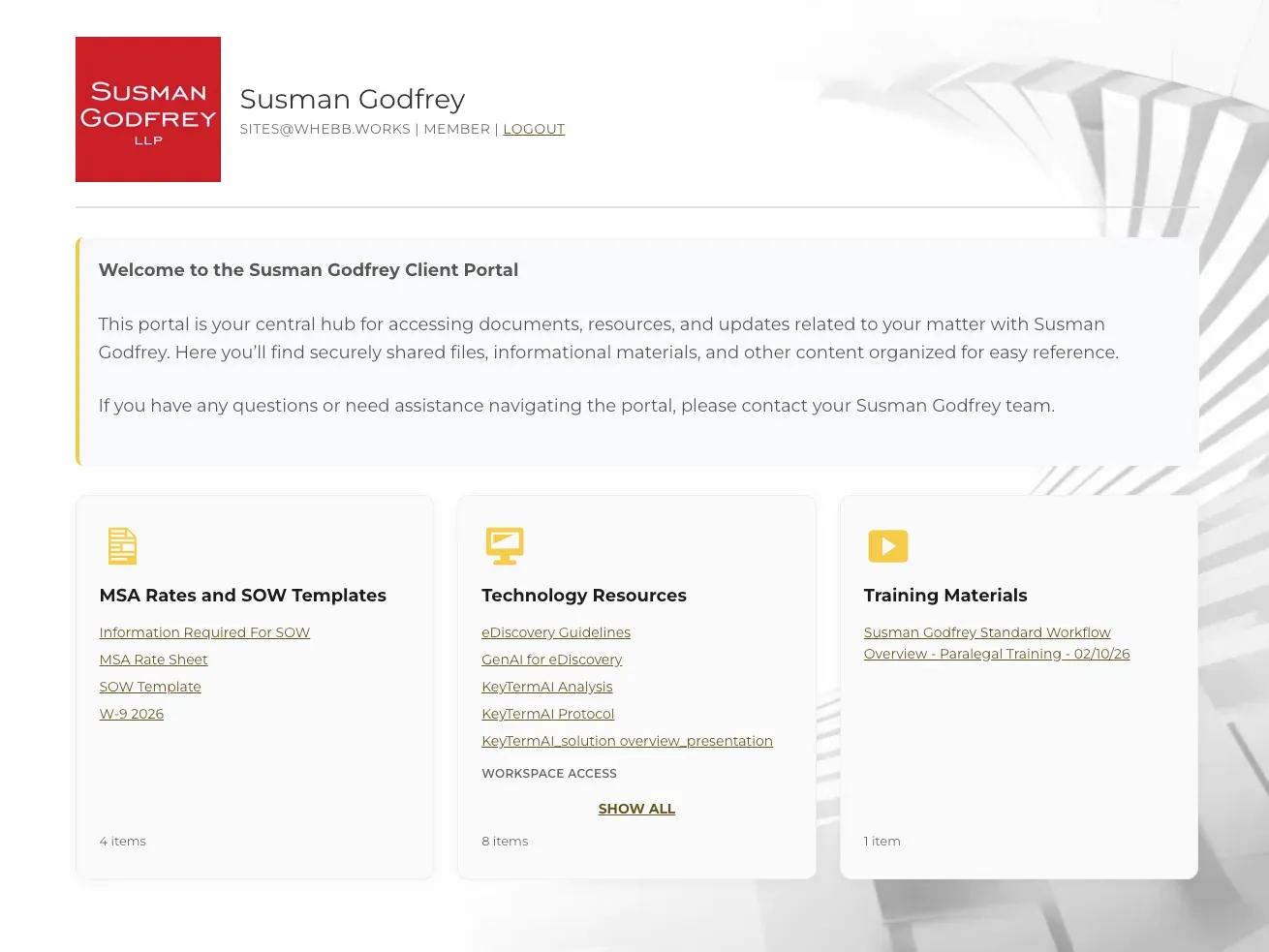 Custom multi-tenant client portal showing role-based content libraries and branded login interface