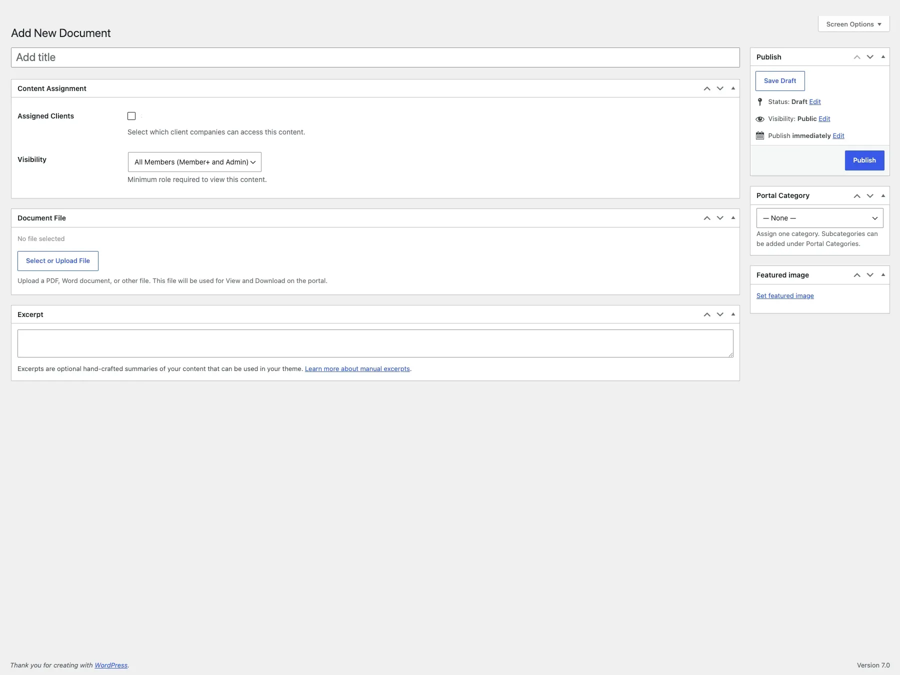 WordPress admin screen from the G4 Coastal multi-tenant portal plugin, showing content assignment to client companies and role-based visibility controls