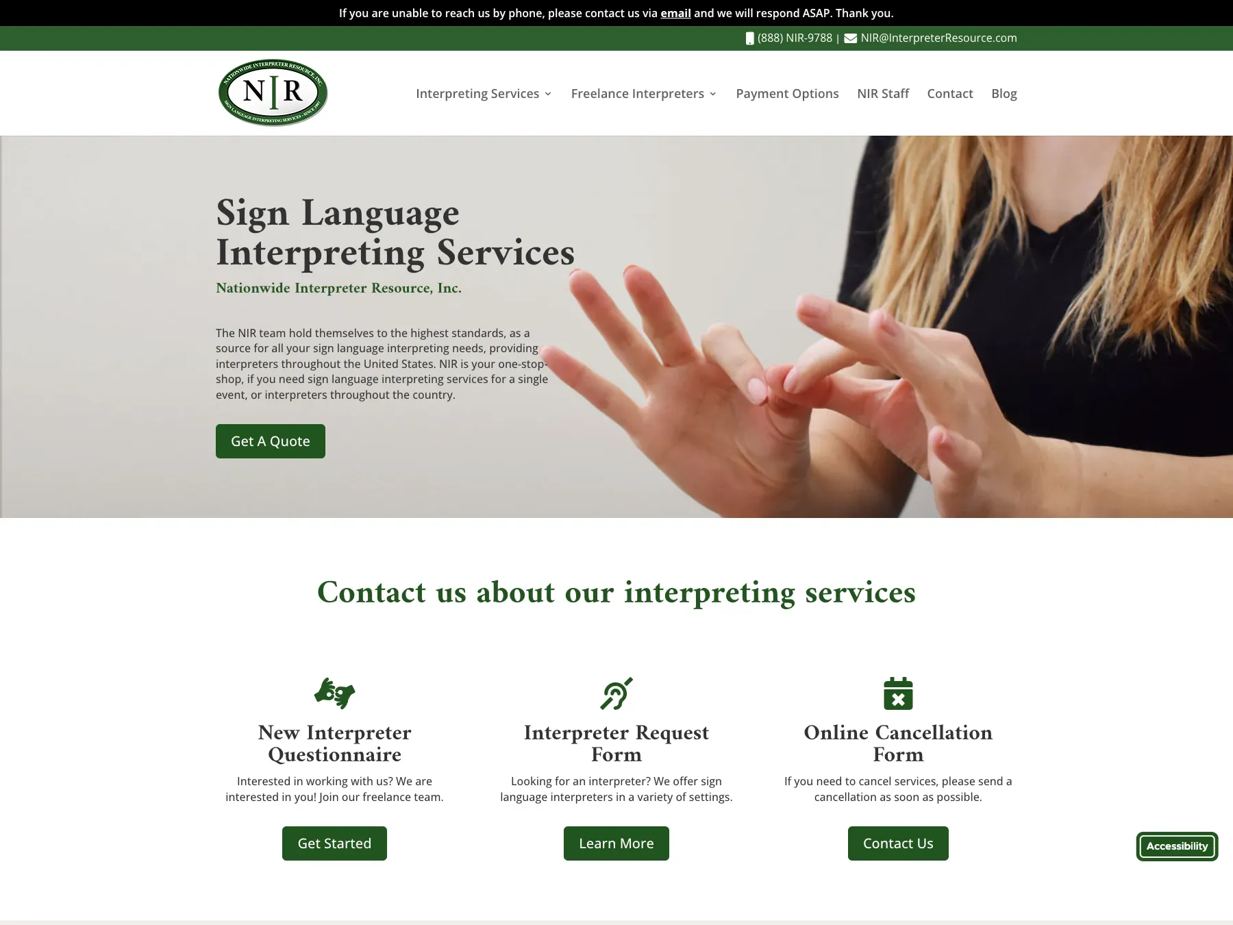 Nationwide Interpreter Resource homepage for sign-language interpreter booking