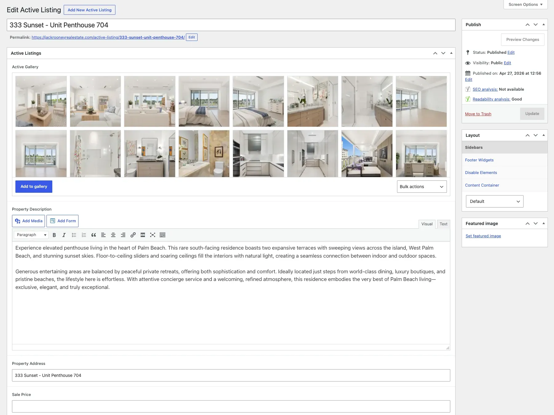Jack Rooney Real Estate WordPress admin screen for entering and updating a property listing