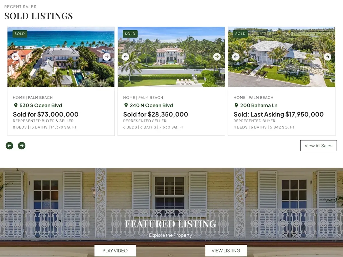 Jack Rooney Real Estate sold listings section showing structured property cards with prices, locations, and stats
