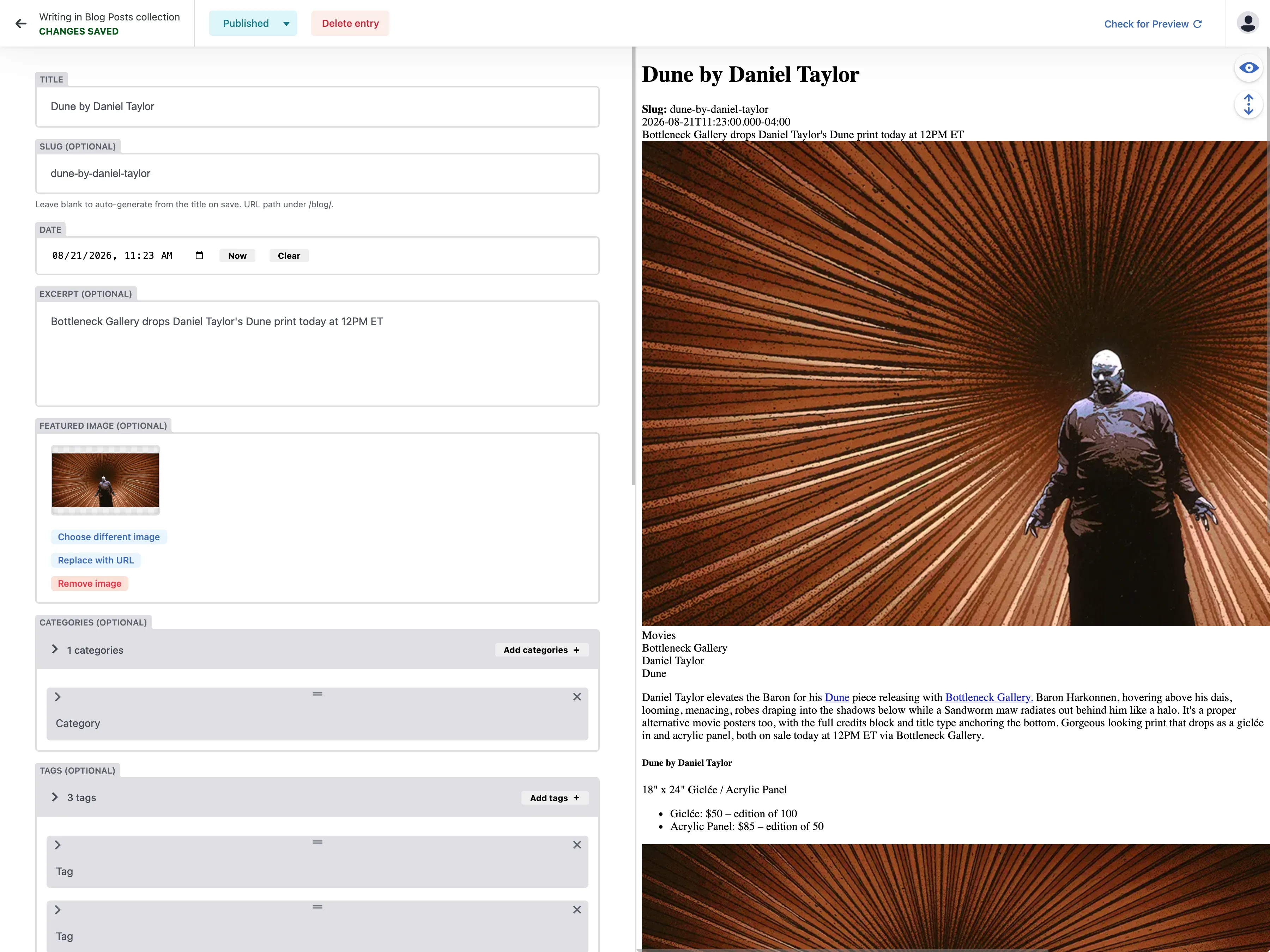 Decap CMS editor showing a Poster Pirate drop post being written in the browser