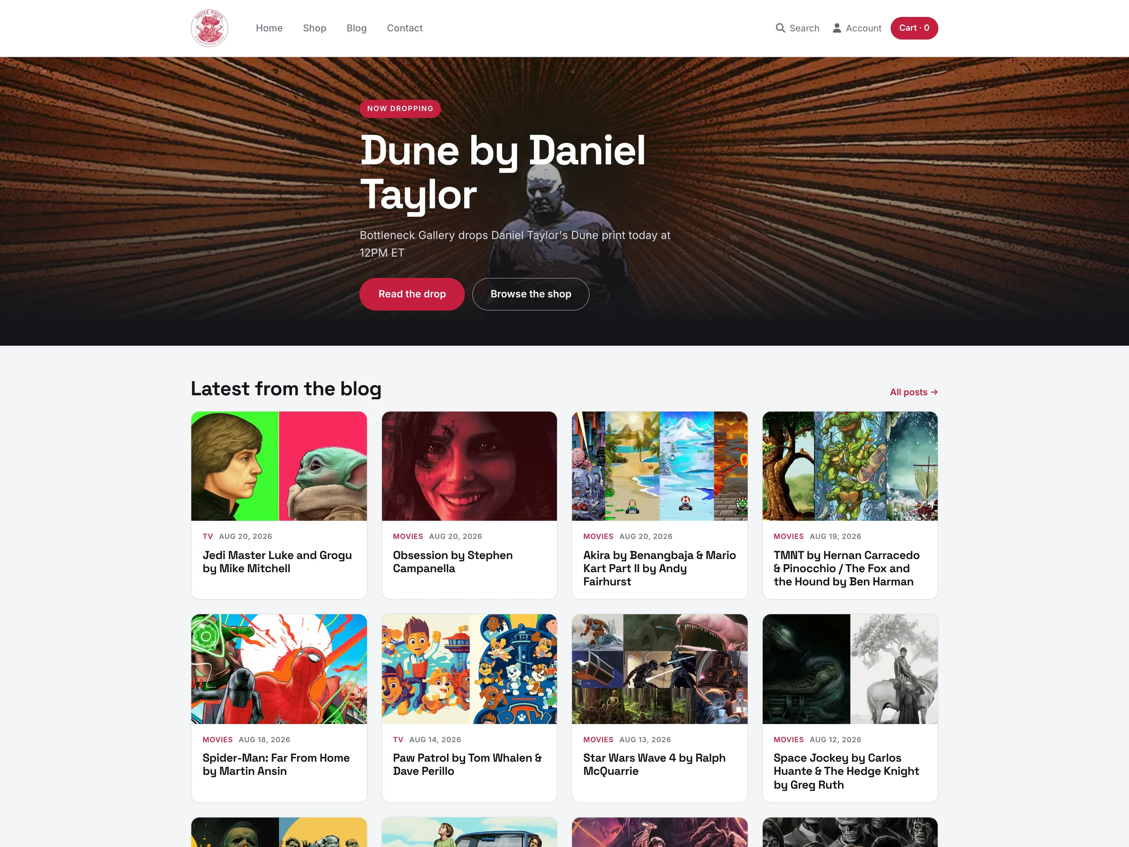 Poster Pirate homepage showing the dark drop hero and latest blog post grid on the new Astro front end