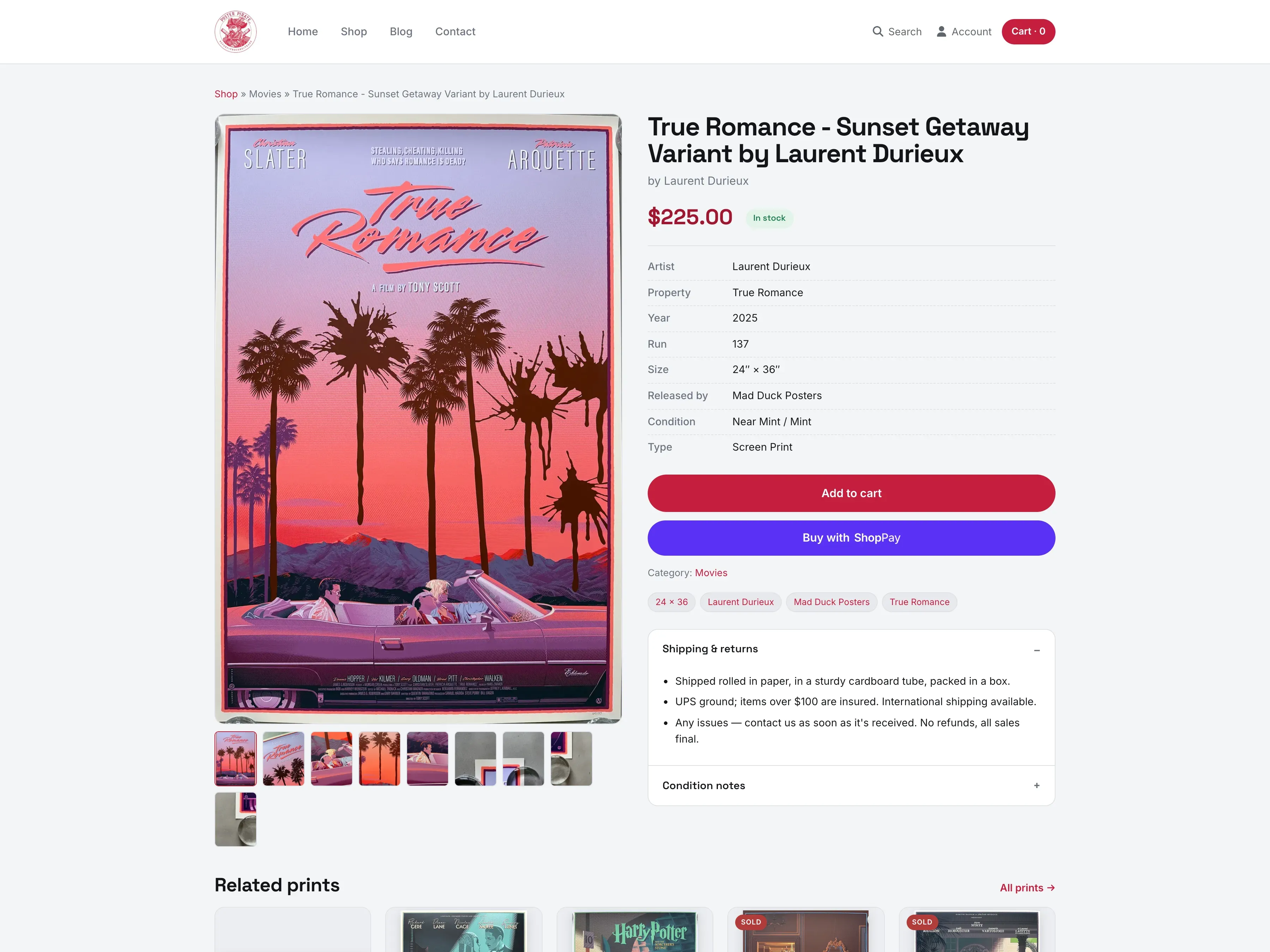 Poster Pirate product page with gallery, spec table, and Shop Pay checkout options