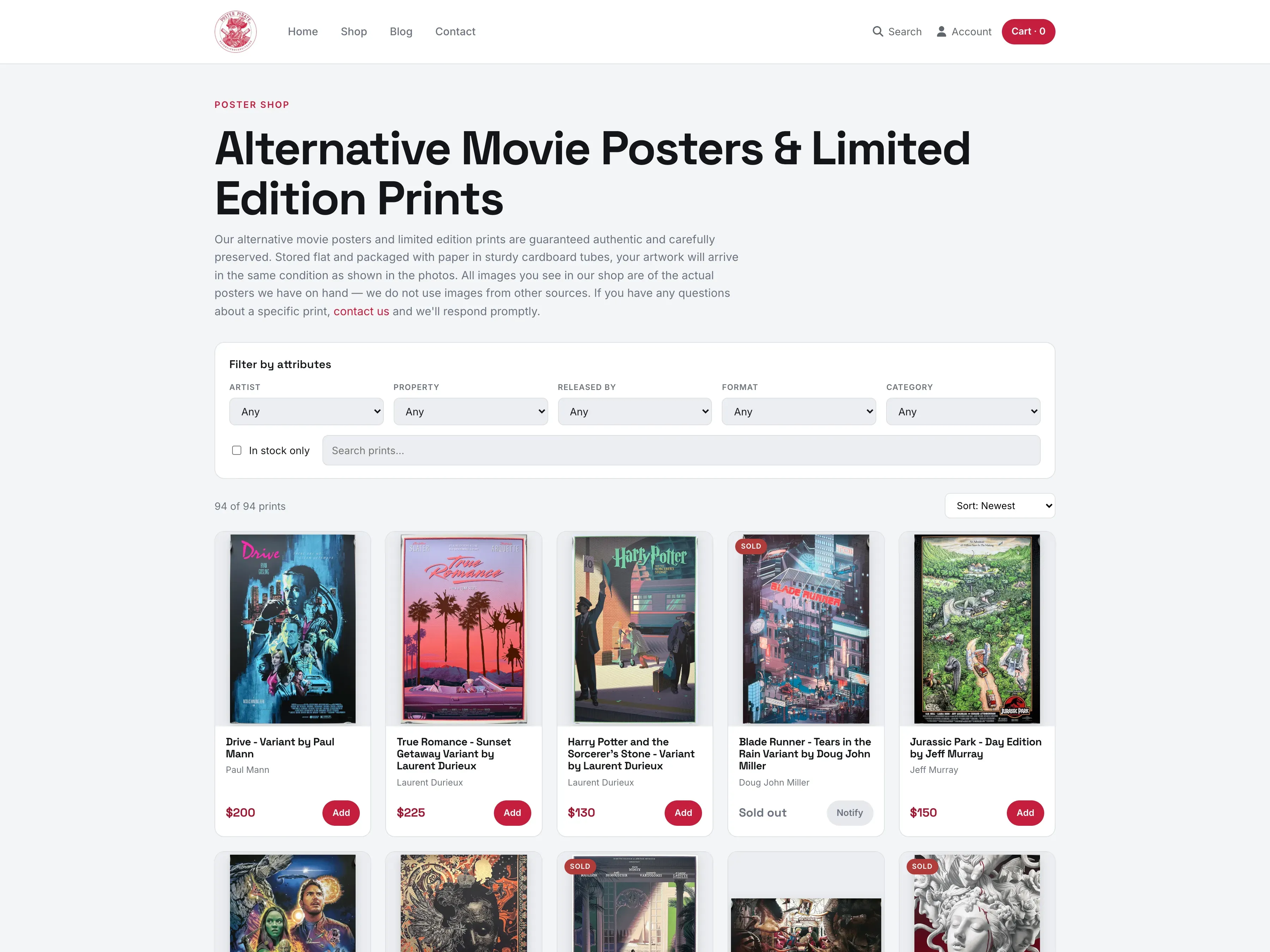 Poster Pirate shop page showing the faceted product grid on the new Astro front end