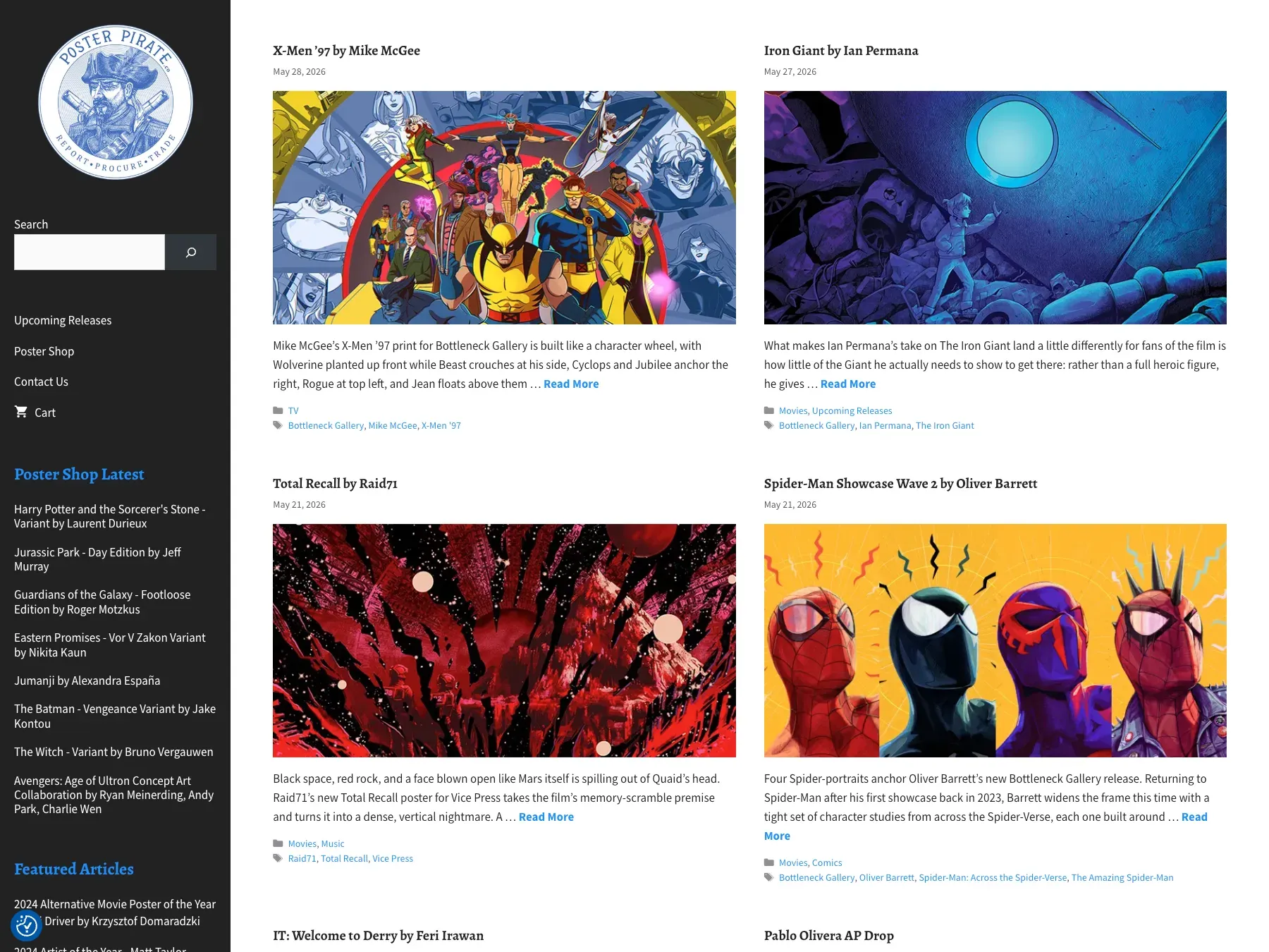 Poster Pirate editorial blog and WooCommerce storefront homepage