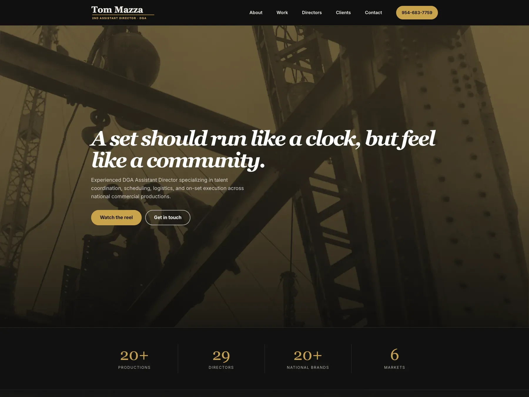 The Tom Mazza homepage hero featuring dark cinematic branding
