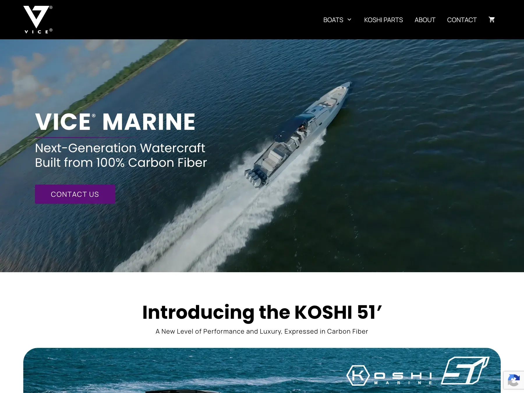 Vice Marine homepage hero featuring an aerial shot of a carbon-fiber watercraft cutting through open water