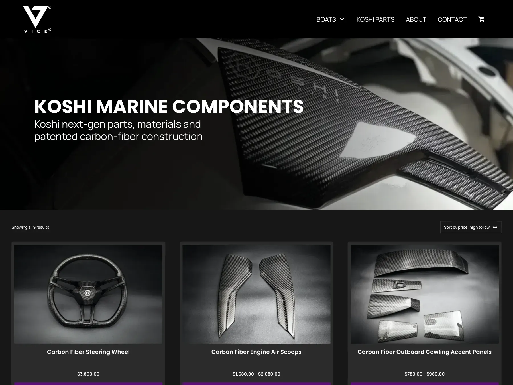 Vice Marine carbon-fiber parts WooCommerce storefront
