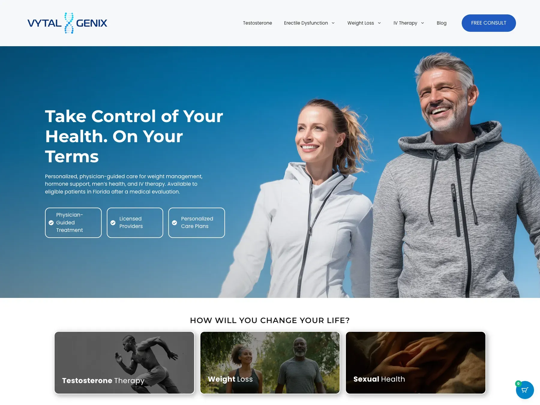 Vytal Genix homepage hero featuring TRT clinic branding